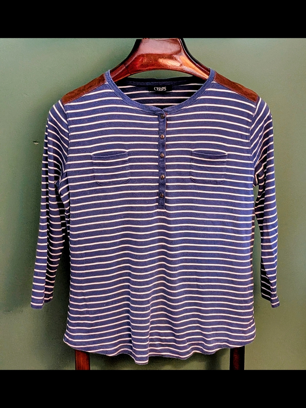Chaps Navy & White Striped Henley Top with Brown Elbow Accents, Large